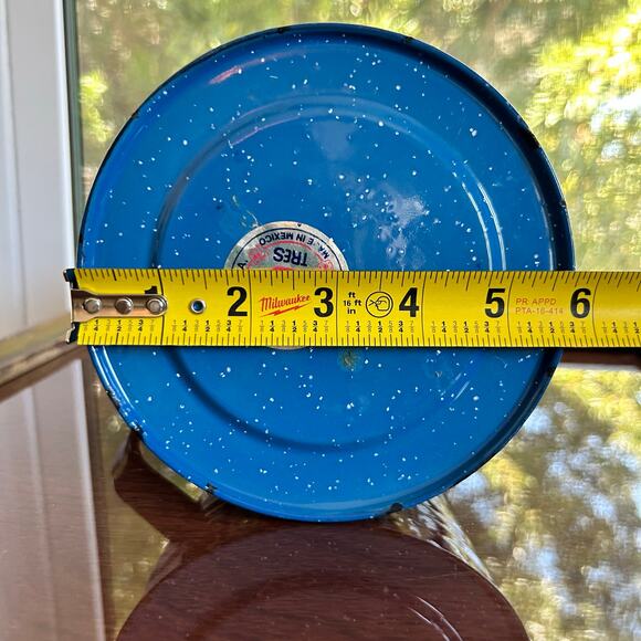 Vintage Tres Troquelles Blue Enamelware Coffee Pot White Spatter Folk  art 1970s - Picture 11 of 13